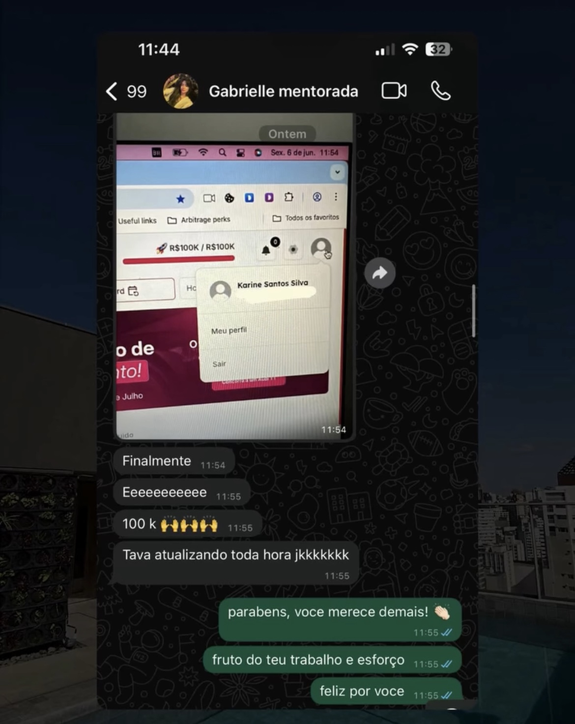 Mentorada Gabrielle comemorando R$100 mil faturados