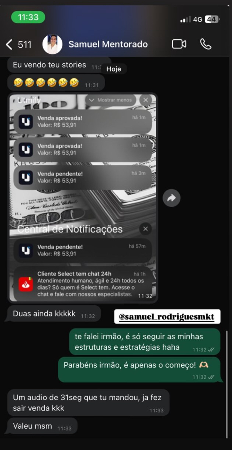 Mentorado Samuel mostrando vendas aprovadas após aplicar as estratégias