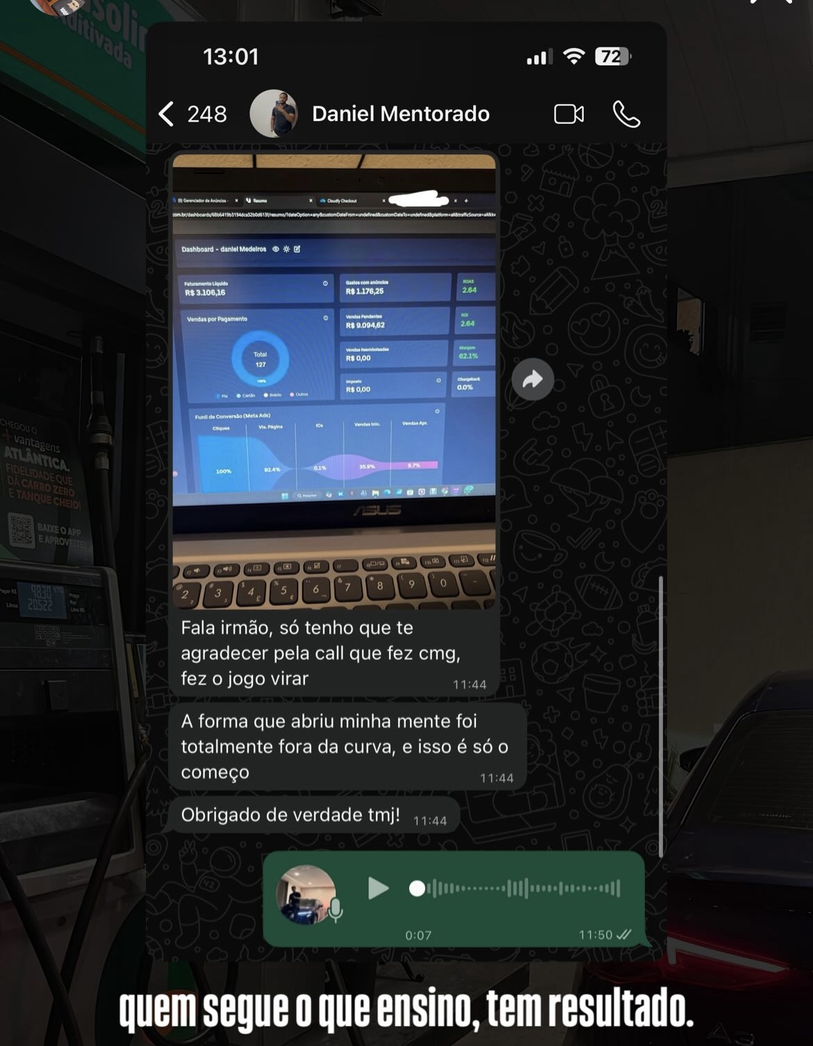 Mentorado Daniel agradecendo pela call e mostrando dashboard de vendas